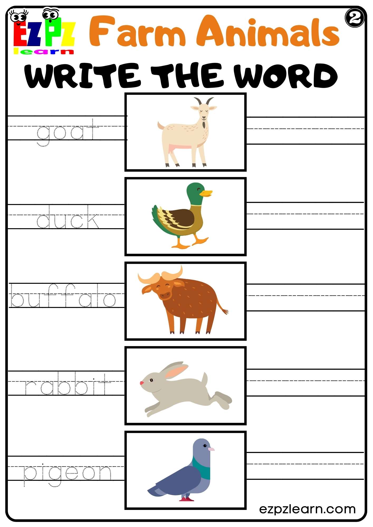 Farm Animals Write the Word Worksheet for Kindergarten or ESL Students Free PDF Download set 2